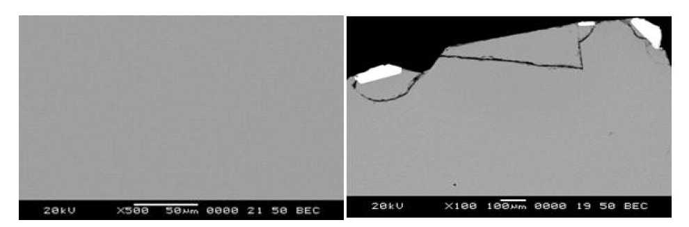 Micrographs of PG14 (Left:as melted @1,200℃, Right:heat treated @900℃)