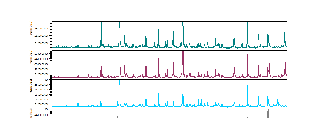 매트릭스가 점적된 조직 시편의 사진과 각각 위치에 얻어진 MALDI direct profiling 질량분석 스펙트럼 (시편: rat gastric, 7 μm 절편, SA matrix)