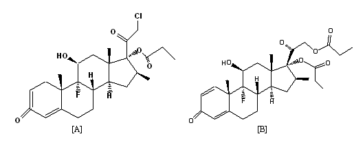 화장품내 의심되는 스테로이드 물질 A: clobetasol propionate, B: Betamethasone dipropionate.