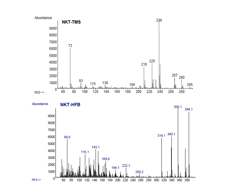 EI mass spectra for trimethylsilyl (TMS) and heptafluorobutyryl (HFB)