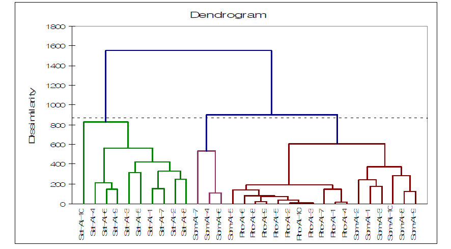 Dendrogram for P. somniferum, P. setigerum and P. rhoes by various data set from DrugMan