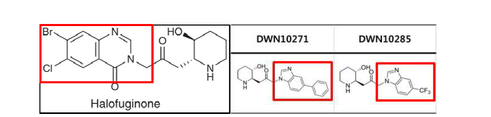 Halofuginone의 모식도(좌)와 DWN10271과 DWN10285의 모식도(우). 붉은선으로 표시된 부분이 변형된 부분이다.