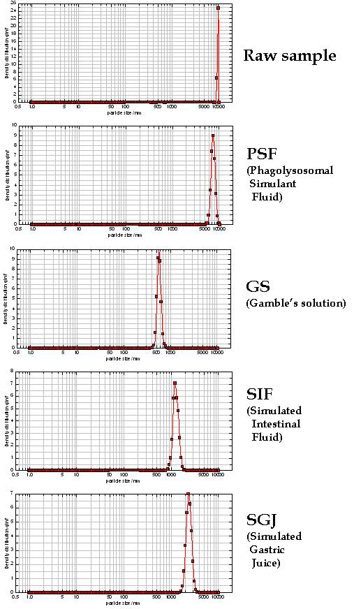 Crocidolite's length distribution in the body fluid mimic solution using Dynamic light scattering (DLS).