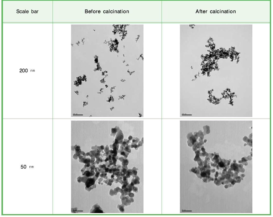 저온 열처리 전·후의 타이타니아(TiO2) 나노물질(Degussa, P25) 의 재연실험 TEM 측정 결과 (3차).