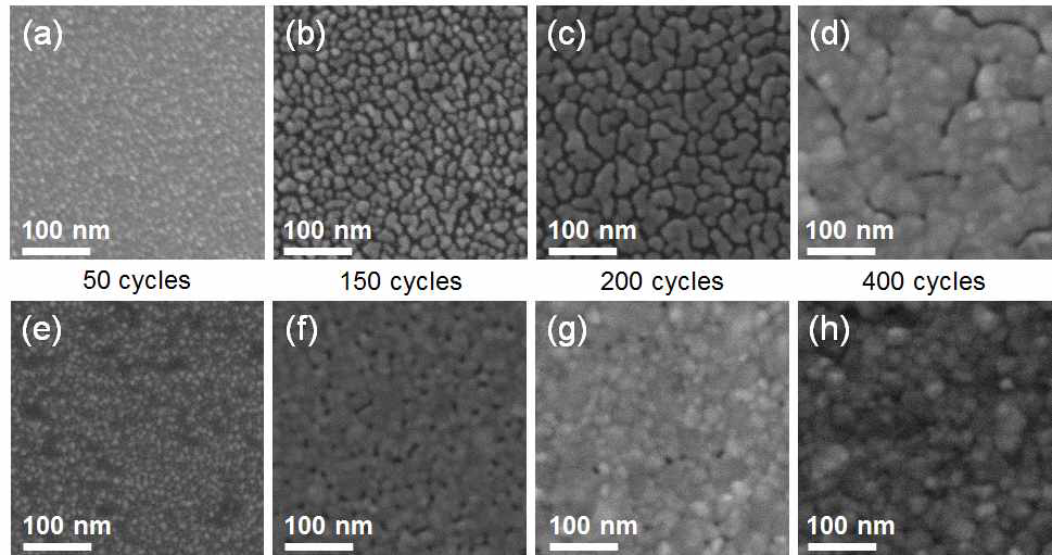 SEM images of Pt thin films grown on (a)–(d) SiO2 and (e)–(h) TiO2 for 50, 150, 200, and 400 cycles, respectively.