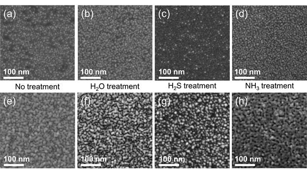 SEM images of the Pt films grown on TiO2 under various pretreatments for 50 ((a)–(d)) and 100 ((e)–(h)) cycles, respectively.