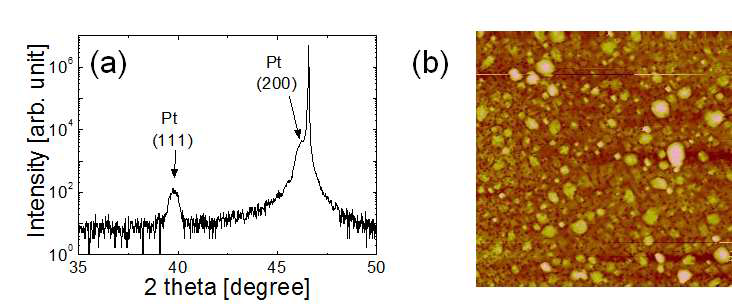(a) XRD pattern and (b) AFM image of a Pt film grown on SrTiO3 (100) with O2 after O3 pretreatment for 5 min.