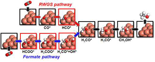 현재 알려진 이산화탄소 변환 반응의 주요한 두 가지 반응경로인 Formate pathway와 RWGS pathway 를 나타내고 있다.