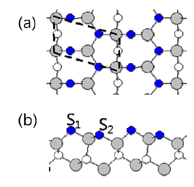 (a) The unit cell of (10-11)S surface, (b) 2-fold S1, 3-fold S2 atom.