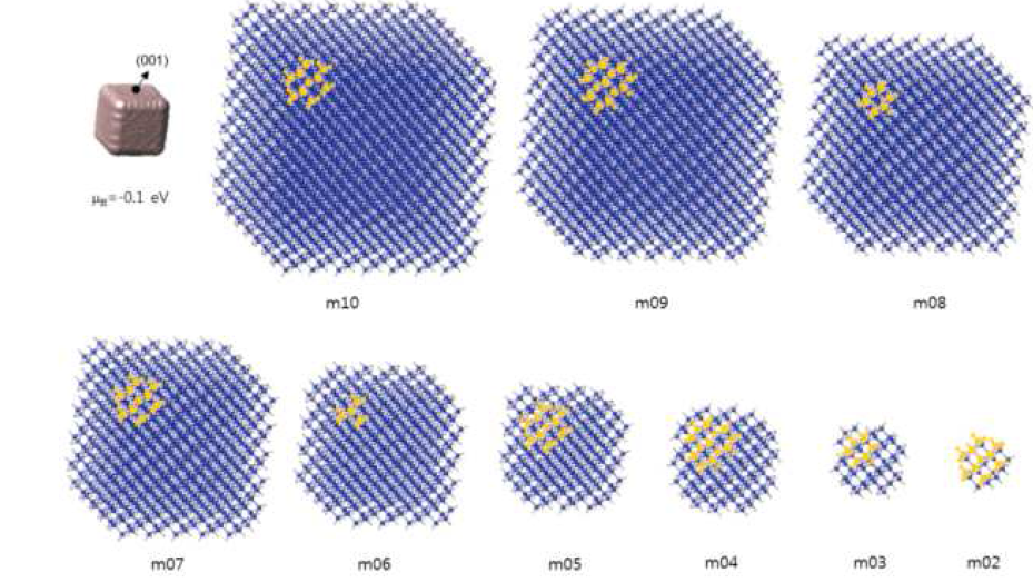 (v) μH=-0.1 eV Si 나노입자의 원자구조. m=2-10 크기. 지름이 대략 2.2-11 nm. 나노입자 원자구조에서 (111) facet을 주황색으로 표시하였다.