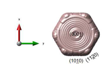 CdS hexagonal 나노입자의 c-축 방향. (10-10), (11-20) non-polar 표면 facet을 보여준다.