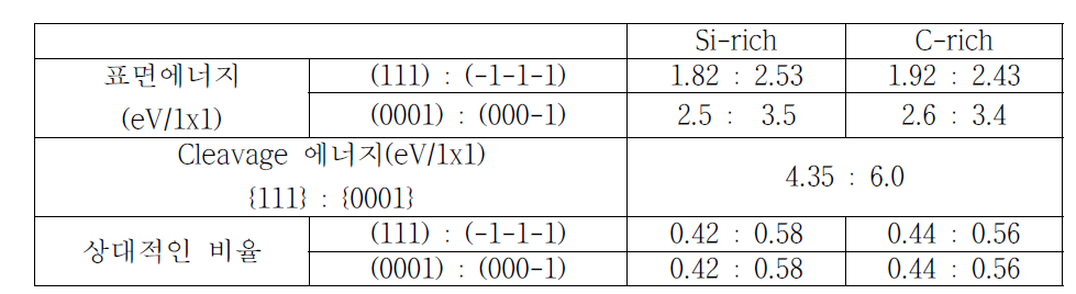 SiC의 ZB(111):ZB(-1-1-1)의 표면에너지 비와 WZ(0001):WZ(000-1) 표면에너지 비의 비교.