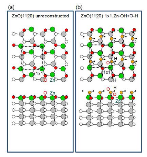 ZnO(11-20) (a) (1x1) unreconstructed, (b) (1x1) Zn-OH+O-H 재구조의 표면 원자 구조