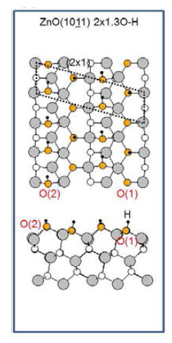 ZnO(10-11) 수소가 흡착된 (2x1) 3O-H 재구조의 표면 원자 구조.