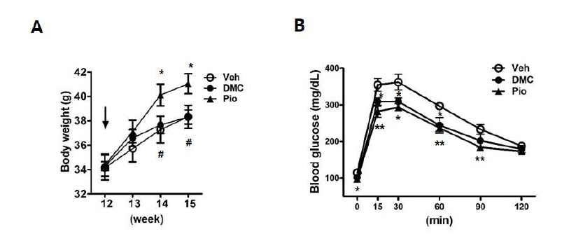 체중 변화 (A), 포도당 부하 검사 (B)