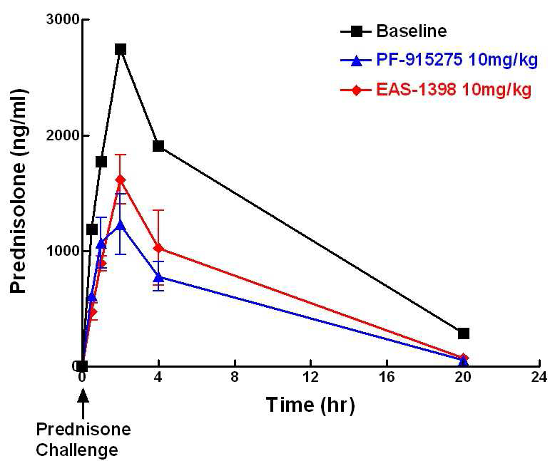 EA-1398 화합물의 prednisone challenge에 따른 원숭이 혈중 내 prednisolone의 농도 변화