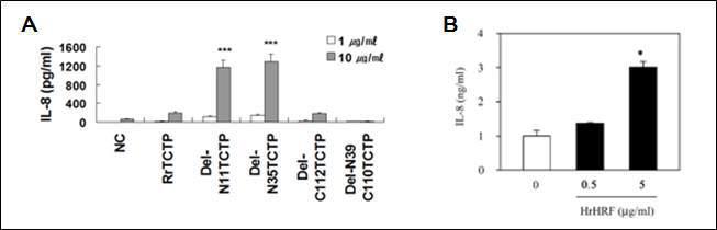 기관지상피세포에서 재조합 TCTP/HRF가 유도하는 IL-8 변화(A. Kim et al, 2009, B. Yoneda et al., 2004)