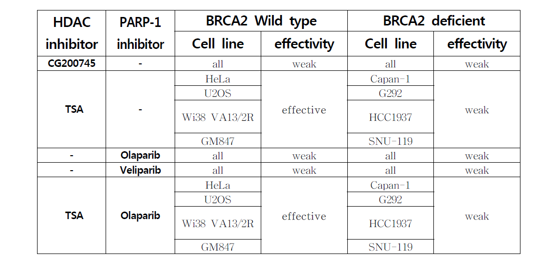 HDAC inhibitor 와 PARP-1 inhibitor 에 대한 Cell Viability assay 결과 정리