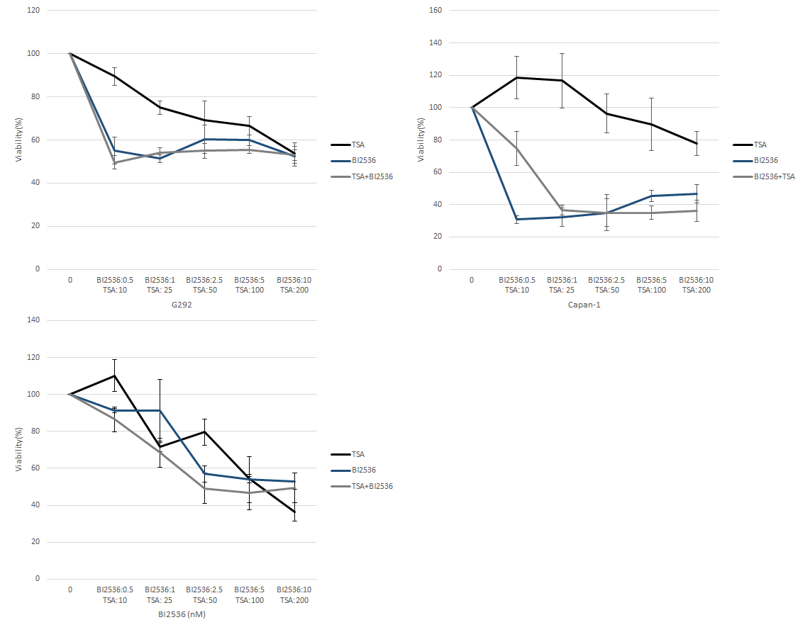 BRCA2 돌연변이 세포에서의 TSA 와 BI2536 combination MTT assay 결과. TSA 단독 실험에 비해 combination 했을 때 세포성장이 억제됨