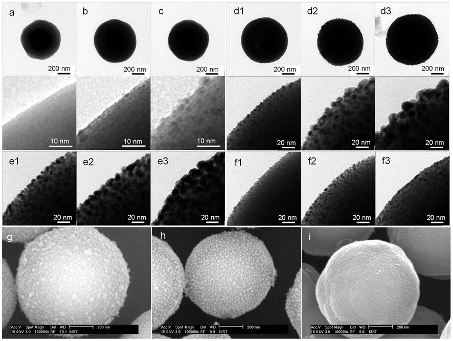 여러 가지 복합체의 TEM 및 SEM 이미지 (d1-d3) 크기별 Au/Ag 나노입자가 고정된 자성실리카 복합체, (e1-e3) 크기별 Au/Au 나노입자가 고정된 자성실리카 복합체, (e1-e3) 크기별 Au/Pd 나노입자가 고정된 자성실리카 복합체.