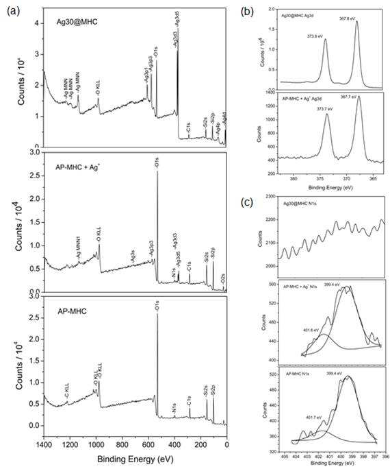 AP-functionalized 자성실리카 (AP-MHC), AP-MHC와 은 이온 간의 착물 (AP-MHC + Ag+), 그리고 30 nm 은 나노입자가 결합된 자성 은나노복합소재 (Ag30@MHC)의 저배율 및 고배율 XPS 스펙트럼.