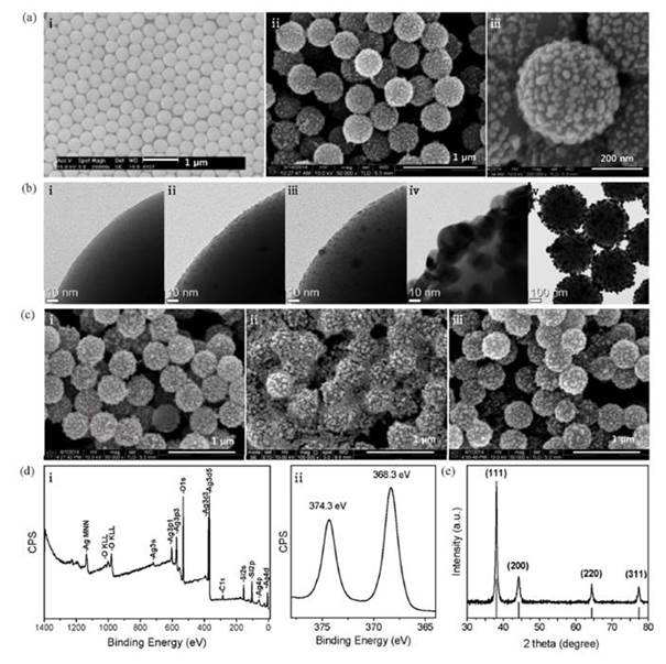 실리카-Ag 하이브리드 입자의 제조과정에 따른 (a) SEM 및 (b) TEM 이미지와 실리카-Ag 하이브리드 입자의 (c) 안정성 실험 결과를 보여주는 SEM 이미지와 (d) XPS 및 (e) XRD 분석 데이터.