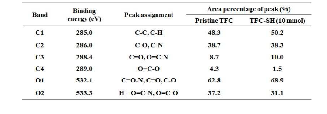 각각의 deconvoluted XPS peak에 대한 결합 에너지와 면적 백분율