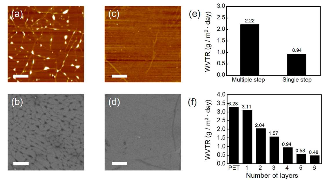 (a-d) 그래핀 보호막의 AFM과 SEM 사진, (e-f) 그래핀 보호막의 물 증기 투과율 측정
