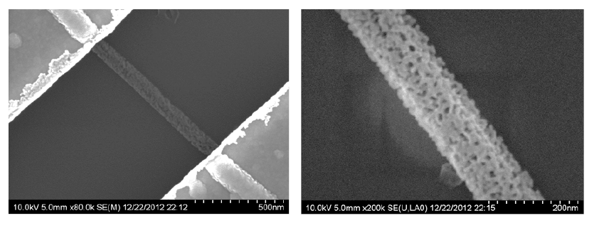 BOE에칭 후 다공성으로 변한 실리콘 나노선 소자 사진