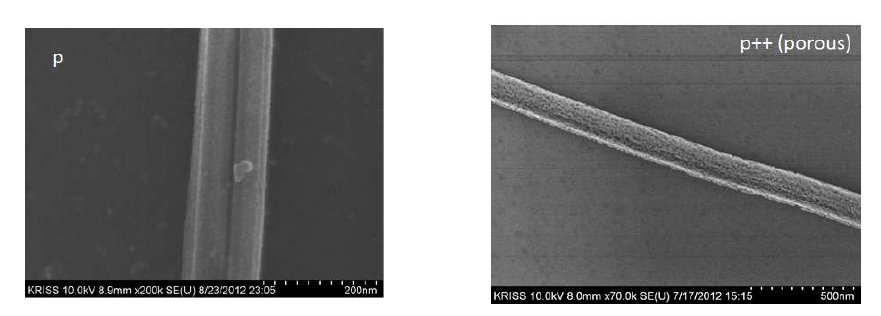 도핑농도에 따라 제조된 실리콘 나노선의 SEM 이미지