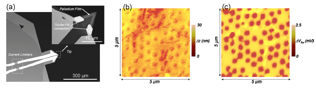 (a) SThM열탐침의 주사전자현미경 사진, (b) SiO2에 embedding된 직경 200-380 nm Si 나노선 tip 표면형상 이미지, (b) 열상이미지