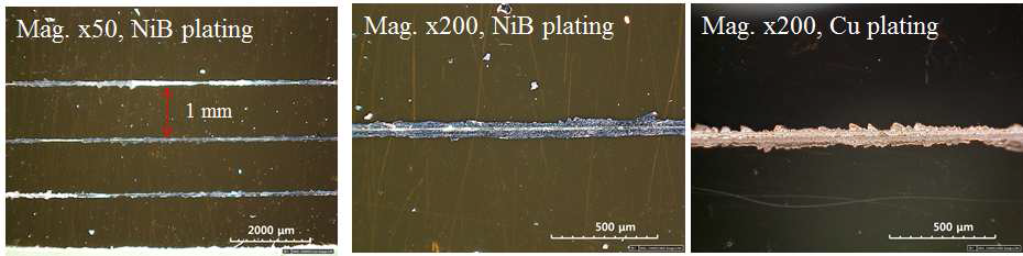 배선 간격 1 mm에서 NiB electroless plating 및 Cu plating 후 표면상태 관찰결과.