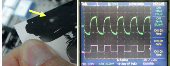 (a) 시온페이트 카드에 얻어진 중적외선 자취, (b) 오실로스 코프로 측정된 중적외선 신호