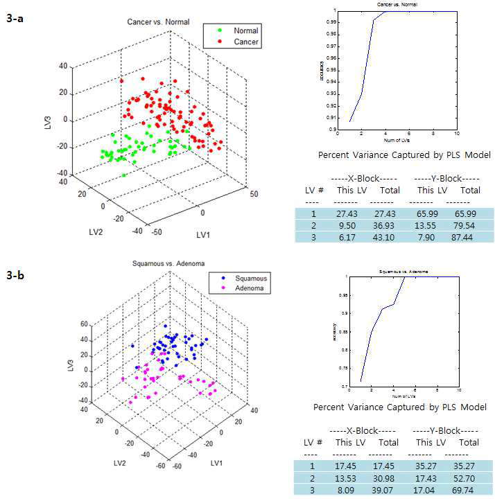 TOF-SIMS 데이터의 통계처리 분석결과 (a) 정상조직과 폐 직간의 구분 (b) 선암조직(adenocarcinomas)과 편평세포암조직(squam cell carcinoma)간의 구분