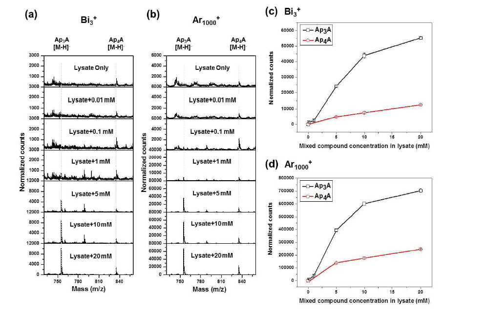 HeLa 세포 lysate에 spiking한 Ap3A와 Ap4A의 농도를 0.01 mM부터 20 mM까지 증가시키면서 측정한 ToF-SIMS의 스펙트럼. (a)는 Bi3 + 로 측정 한 Negative 스펙트럼. (b) Ar1000 + 로 측정한 Negative 스펙트럼. 스펙트럼은 totalcounts로 normalization 하였음. (c) Bi3 +측정한 Ap3A와 Ap4A 피크의 세 기를 농도에 따라 나타낸 그래프
