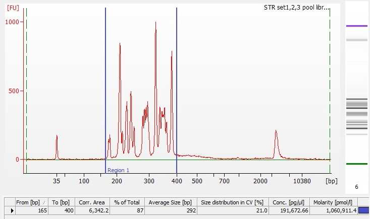 QC for STR marker Agilent Bioanalyzer High Sensitivity DNA Kit.  STR marker panel을 이용한 라이브러리 amplicon Size QC 확립 : 100 - 520 bp  STR marker panel을 이용한 라이브러리 amplicon 농도 QC 확립 : 100 pmol/L 이상