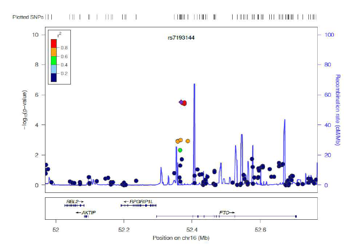 Regional association plot for FTO variants associated with the So-Eum type, in a genomic region of 800 kb centered on the peak variant rs7193144