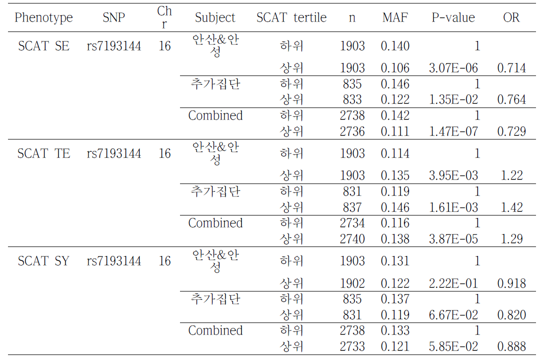 SCAT 체질값 연관 FTO SNP의 minor allele effect 분석 결과