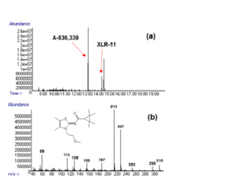 Total ion chromatogram (upper) of a herbal high extract containing N -[3-(2-methoxyethyl)-4,5-dimethyl-1,3-thiazol-2-ylidene]-2,2,3,3-tetramethylcyclopropane -1-carboxamide (A-836,339) and XLR-11 (a) and the electron ionization mass spectrum of A-836,339 (b)