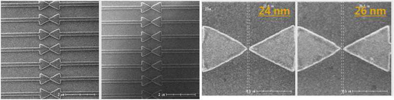 Quartz 기판위 Metal 마스크 형성 이미지(30 nm 이하의 나노갭 형성)