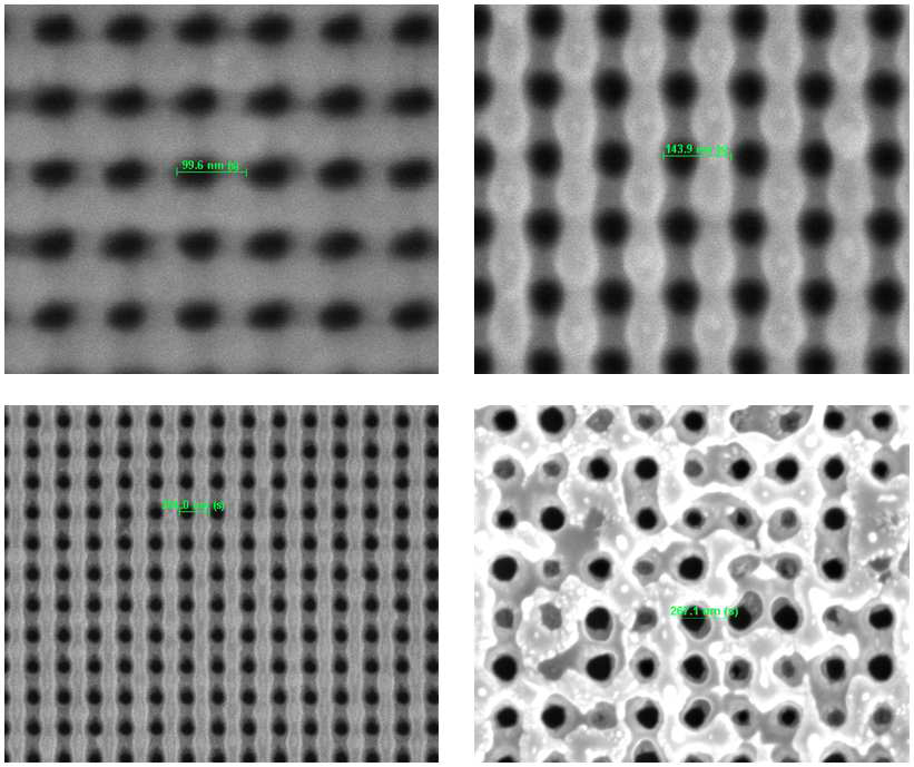 왼쪽 위부터 시계방향으로 주기가 각각 99.6 nm, 143.9nm, 267.1 nm, 204.0 nm 인 메타물질.