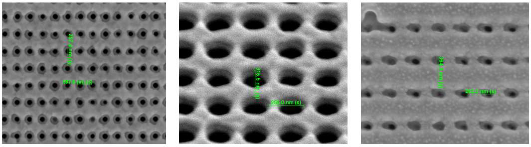 왼쪽부터 그 주기가 187.0 nm × 257.4 nm, 255.0 nm × 315.5 nm, 262.3 nm × 364.3 nm 인 메타물질