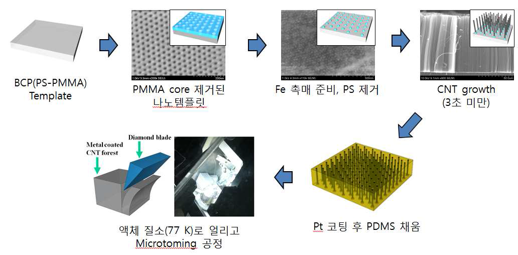 나노구조 템플릿을 이용한 CNT forest의 성장방법 및 두께 가공법. 순서는 다음과 같음: ① AAO 템플릿 준비. ② Fe 촉매 성장. ③ CNT 성장. (CVD) ④ Pt 코팅. ⑤ PDMS 고정. ⑥ Microtoming공정으로 박막 제조.