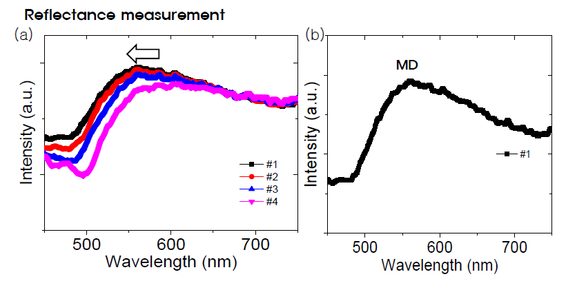 반사측정 스펙트럼 (a) 격자간격 변화에 따른 반사 스펙트럼 비교, (b)300nm 격자간격의 샘플의 반사 스펙트럼