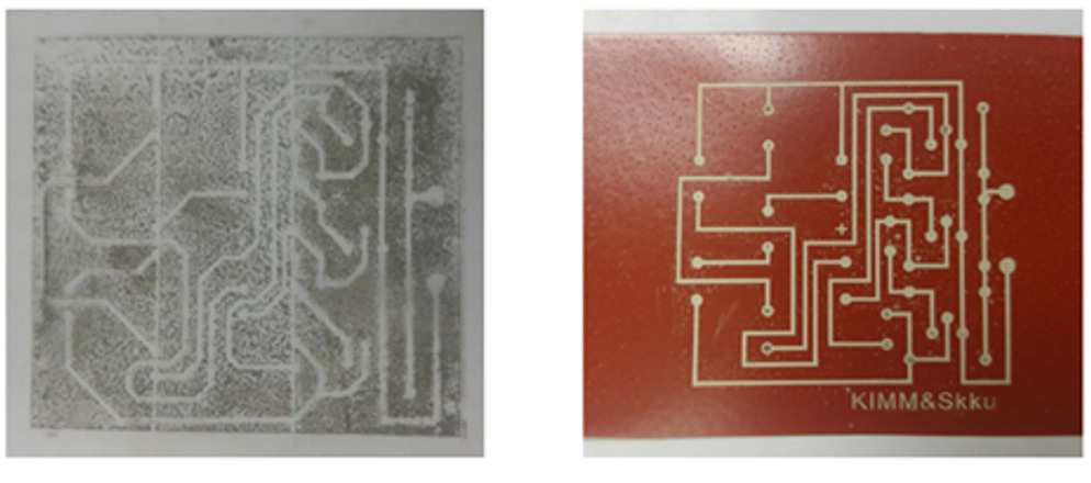 (a) Scotch tape for removed unsintered complex ink, (b) ATOM circuits on PET substrate after remove unsintered complex ink