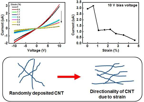 인장에 따른 전류전압 곡선 및 전류 변화 (상단), 인장에 따른 CNT의 방향성