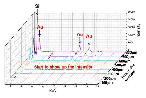Au가 증착된 멤브레인의 윈도우 size에 따른 EDS spectrum
