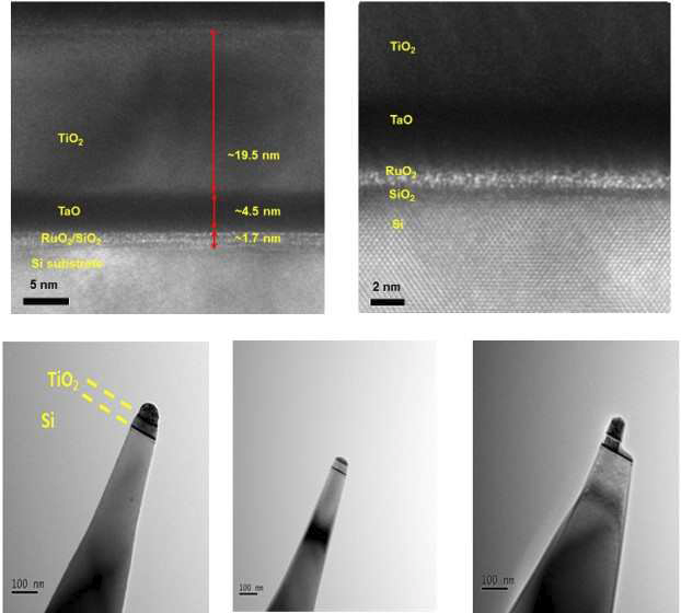 TiO2/TaO/RuO2/SiO2/Si 구조의 TEM 이미지와 APT 시편