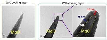 FIB로 가공한 바늘 형태의 MgO 시편에 스퍼터를 이용하여 Ag coating한 후의TEM 이미지. 코팅의 두께 형성 조건을 확보