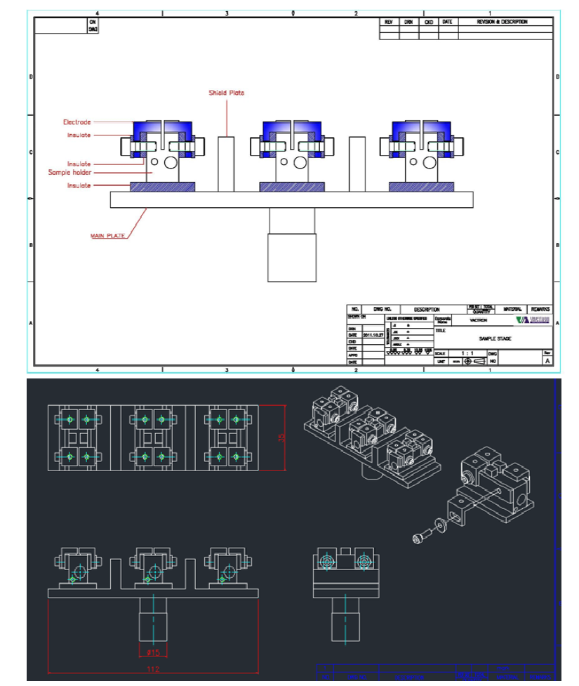 3개 시편의 온도 및 전류 복합인가에 따른 in-situ SEM multi-stage system 물성 평가를 위하여 설계한 시편 홀더의 도면